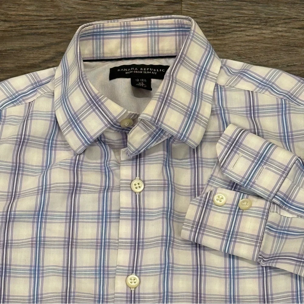 Banana Republic Men’s Non-Iron Slim‎ Fit Purple Blue Plaid Long Sleeve XS Shirt
